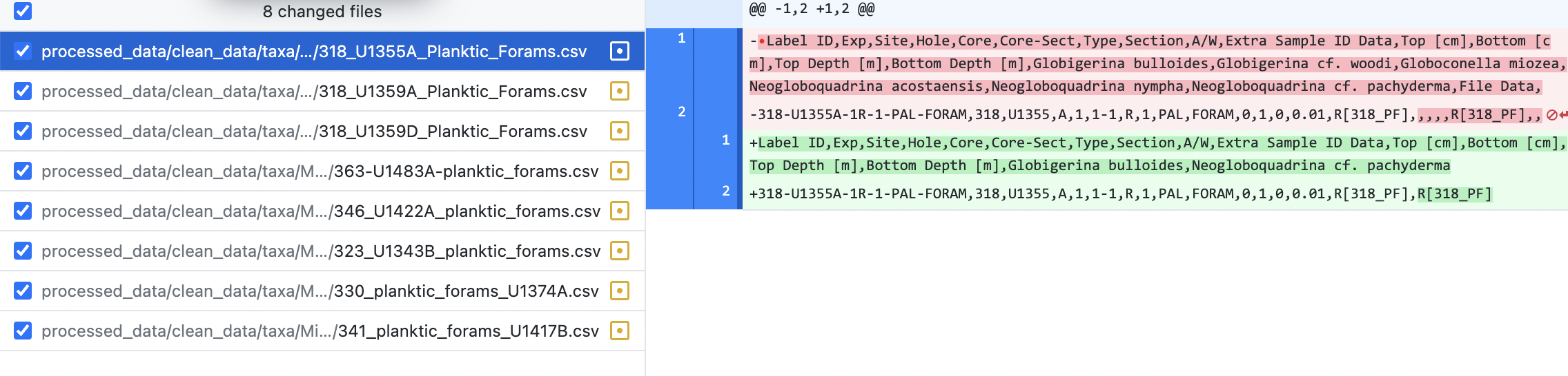 screenshot of Github Desktop showing the changed data files